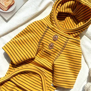 Yellow brown striped pet hoodie with buttons, cute dog cat clothing for small medium pets.
