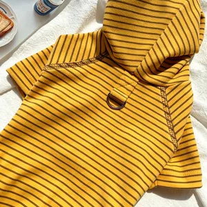 Detailed close-up of yellow brown striped pet hoodie with D-ring for small dogs and cats.