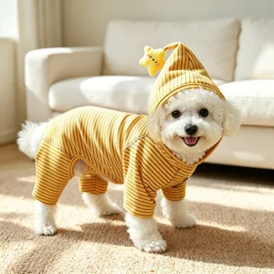 Cute striped pet dog cat clothes with star hood, warm cozy indoor apparel for small pets.