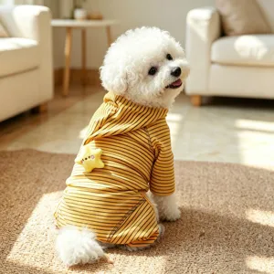 Cute yellow striped pet dog onesie jumpsuit with hoodie and star toy for small dogs.