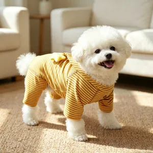 Cute striped dog jumpsuit detail view, comfortable pet hoodie with star decor for small dogs.
