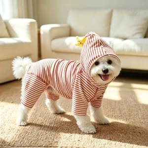 Cute striped pet jumpsuit with adorable star hood, cozy home apparel for small dogs and cats detail view.