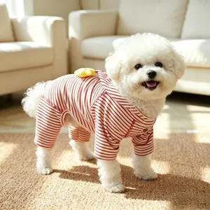 Cute striped dog jumpsuit with hood for small pets, warm home apparel with cute star decor.