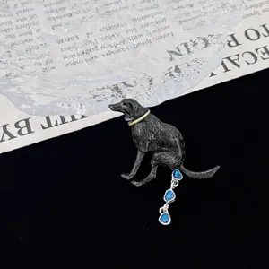 Creative funny dog brooch with blue heart rhinestones, unique lapel pin for women and apparel.