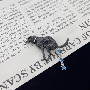 Novelty funny dog poop brooch pin with blue heart rhinestone fringe for fashion jewelry gift