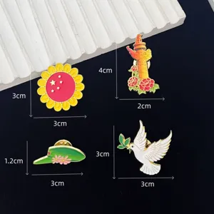 National Day patriotic enamel pins set featuring Chinese red star, dove, and flower designs.