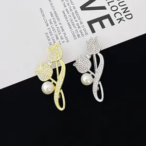 Elegant rhinestone tulip brooch set with faux pearl, stylish metal corsage pins for women suits.