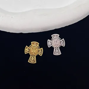 Vintage cross brooch metal badge set with holy spirit dove relief, gold and silver.