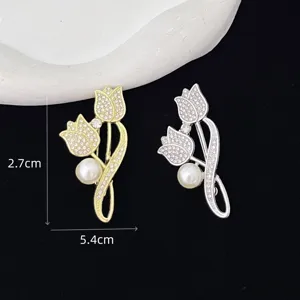 Exquisite rhinestone tulip brooch with pearl accent, elegant lapel pin for women's suits.