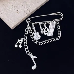 Gothic Punk Musical Note Brooch Pin Vintage Zinc Alloy Guitar Microphone Piano Key Chain Pendant Brooch For Clothes Decor Unisex Jewelry