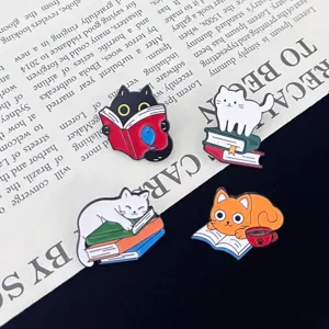 Cute cat enamel pins metal badges cartoon reading book animal brooch for student backpack
