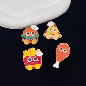 Close-up detail of cute cartoon fast food enamel pins set, alloy drip oil brooch badge accessories.