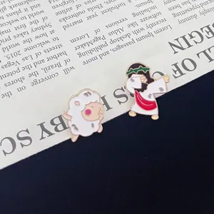 Cute cartoon Jesus and sheep enamel pin set, funny metal brooch backpack accessories.