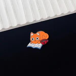 Cute orange cat reading book enamel pin cartoon animal metal brooch backpack badge