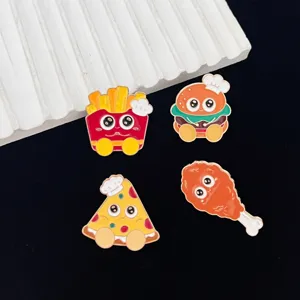 Cute cartoon fast food enamel brooch set featuring burger, fries, pizza, and chicken leg.