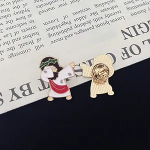 Detailed close-up shot of the funny religious meme enamel lapel pin, showing exquisite craftsmanship.