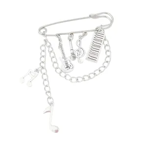 Vintage silver music note guitar piano charm safety pin brooch punk fashion jewelry accessory