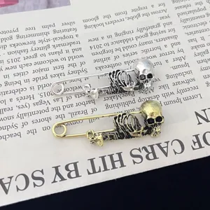 Gotische punk schedel veiligheidsspeld broches, antieke zilver goud skelet kleding accessoires.