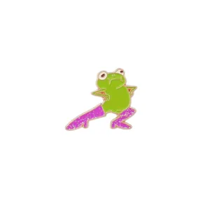 Cute green frog enamel pin wearing sparkling pink high heel boots, funny cartoon lapel pin jewelry.