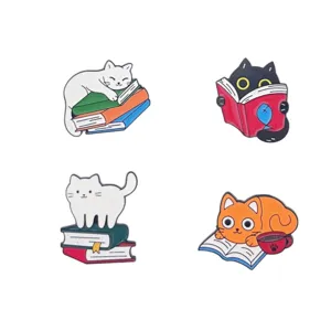 Cute cat enamel pins set cartoon animal metal badges for school bag book lovers decor