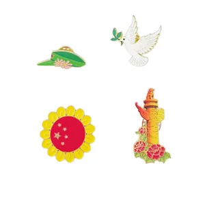 National Day patriotic enamel lapel pin set featuring red star, peace dove and Chinese flag.