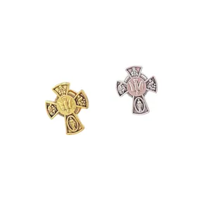 Vintage religious cross brooch metallic badge, holy spirit dove relief, dual color pins.
