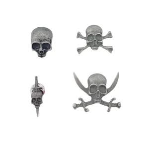 Vintage silver skull brooch set, gothic punk skeleton and dagger pins for Halloween party.