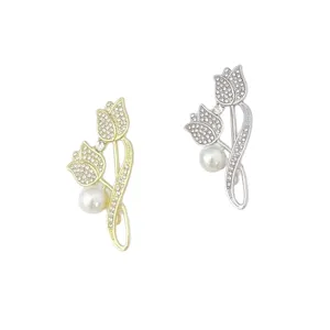 Elegant tulip rhinestone brooch set, fashion faux pearl suit pin for women and girls.