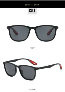 Outdoor sports sunglasses detail view featuring a sleek black frame and stylish red details.