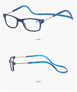 Vista detallada de gafas de lectura magnéticas azules, diseño plegable ligero y elegante diario.