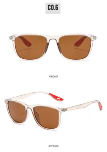 Detailed look at stylish transparent frame sunglasses with brown lenses and bold red temple tips.