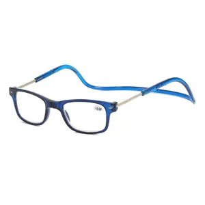 Gafas de lectura magnéticas azules con montura plegable y lentes dióptricas claras.
