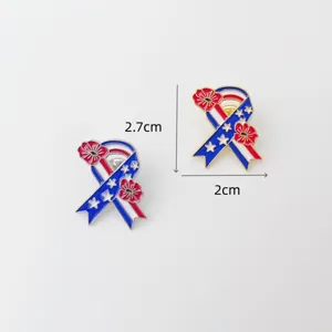 Detail view of American Independence Day ribbon enamel brooch with stars and flower design.