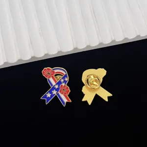 American Independence Day enamel brooch pin with stars stripes and poppy flower ribbon design.