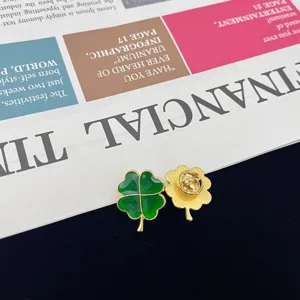 Chic four-leaf clover brooch pin, trendy green enamel gold metal design for women jewelry