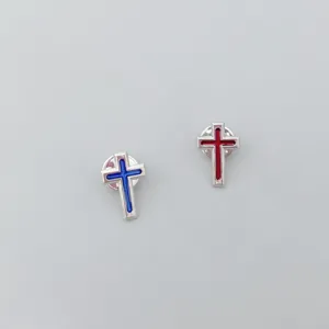 Metal cross lapel pin with colorful enamel inlay, stylish religious brooch badge for men.