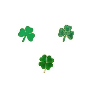 Chic green enamel and glitter clover brooches set, stylish lucky four-leaf pin accessories.