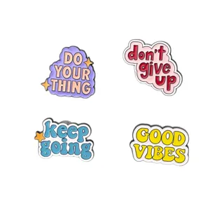 Colorful English motivational quote enamel pins set, cute cartoon letter brooches main view.