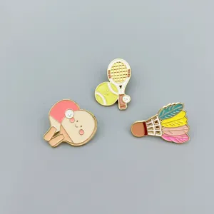 Cute sports enamel pins detail, ping pong tennis and badminton metal badge for backpack.