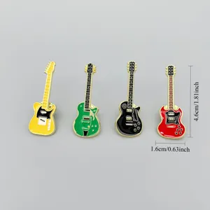 Detailed shot of cute electric guitar enamel alloy brooches in four colors, rock music style pins.