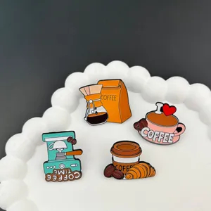 Cute cartoon coffee theme metal enamel pin badge set for clothes bag jacket accessories.