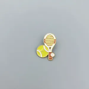 Cute tennis racket and ball enamel pin detail, metal badge for bag clothing decoration.