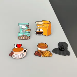 Detailed shot of cute coffee theme enamel pins with various cute designs, perfect for bags.