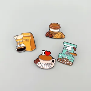 Cute cartoon coffee enamel pin set, metal brooch badges for clothes, bags, and accessories.