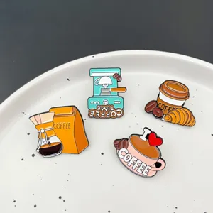 Cute coffee theme enamel pins set, metal brooch badges for clothes bags and hats decoration.