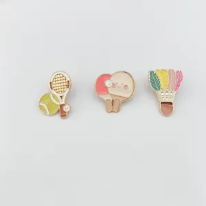 Cute sports enamel pins detail featuring tennis, table tennis, and badminton badge design.