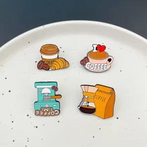 Cartoon coffee enamel pins set, cute metal brooch badges for clothes, bags and accessories decor.