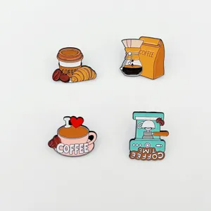 Cute coffee theme enamel pin set, cartoon coffee cup and machine metal brooch badge details.