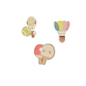 Cute kawaii sports metal enamel pin set featuring tennis, badminton and ping pong.