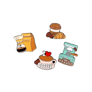 Cute cartoon coffee theme metal enamel lapel pins set for backpacks and clothing decor.